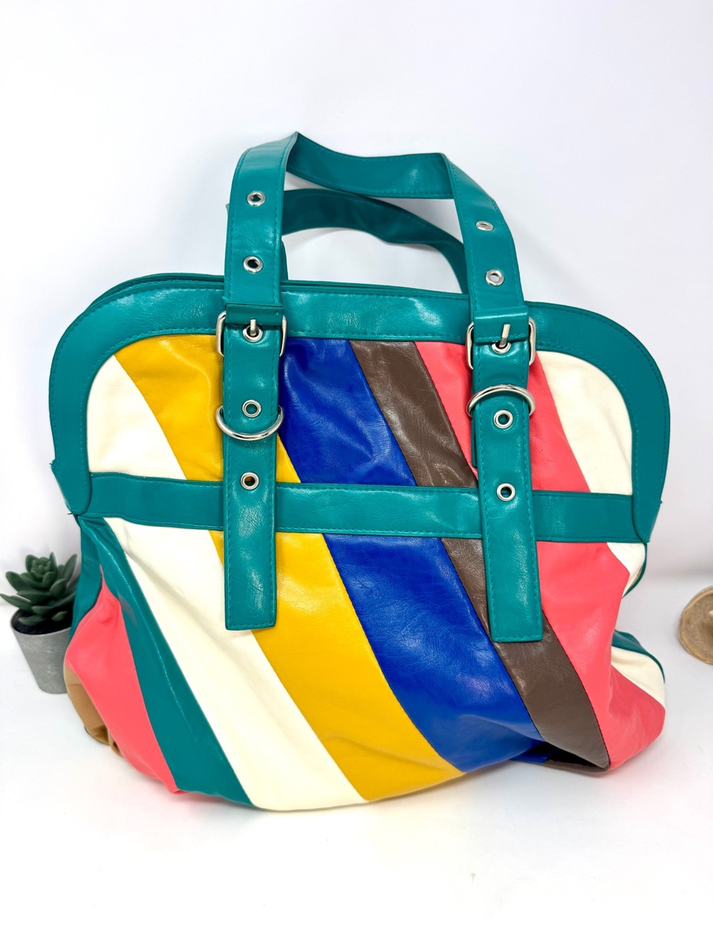 Vintage ALDO Multicolor Patchwork Leather Tote Bag Y2K Colorblock Striped Purse